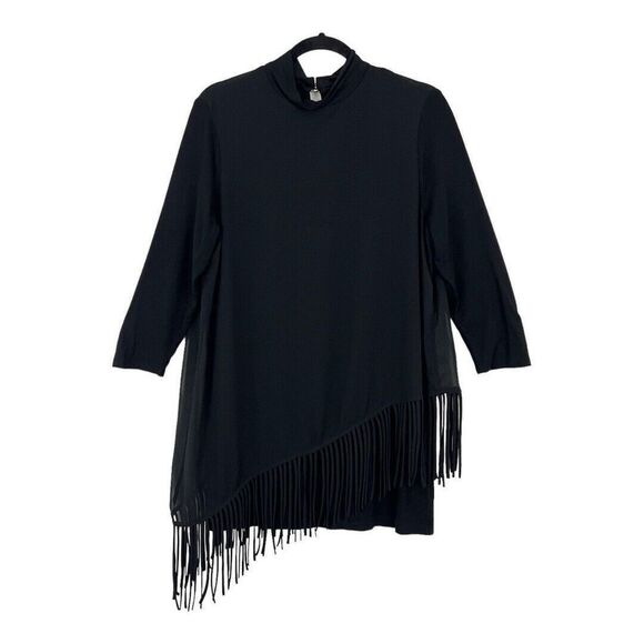 Chico's Womens Size 1 Medium Black Asymmetrical Fringe Overlay Mock-Neck Top NEW - Picture 1 of 3
